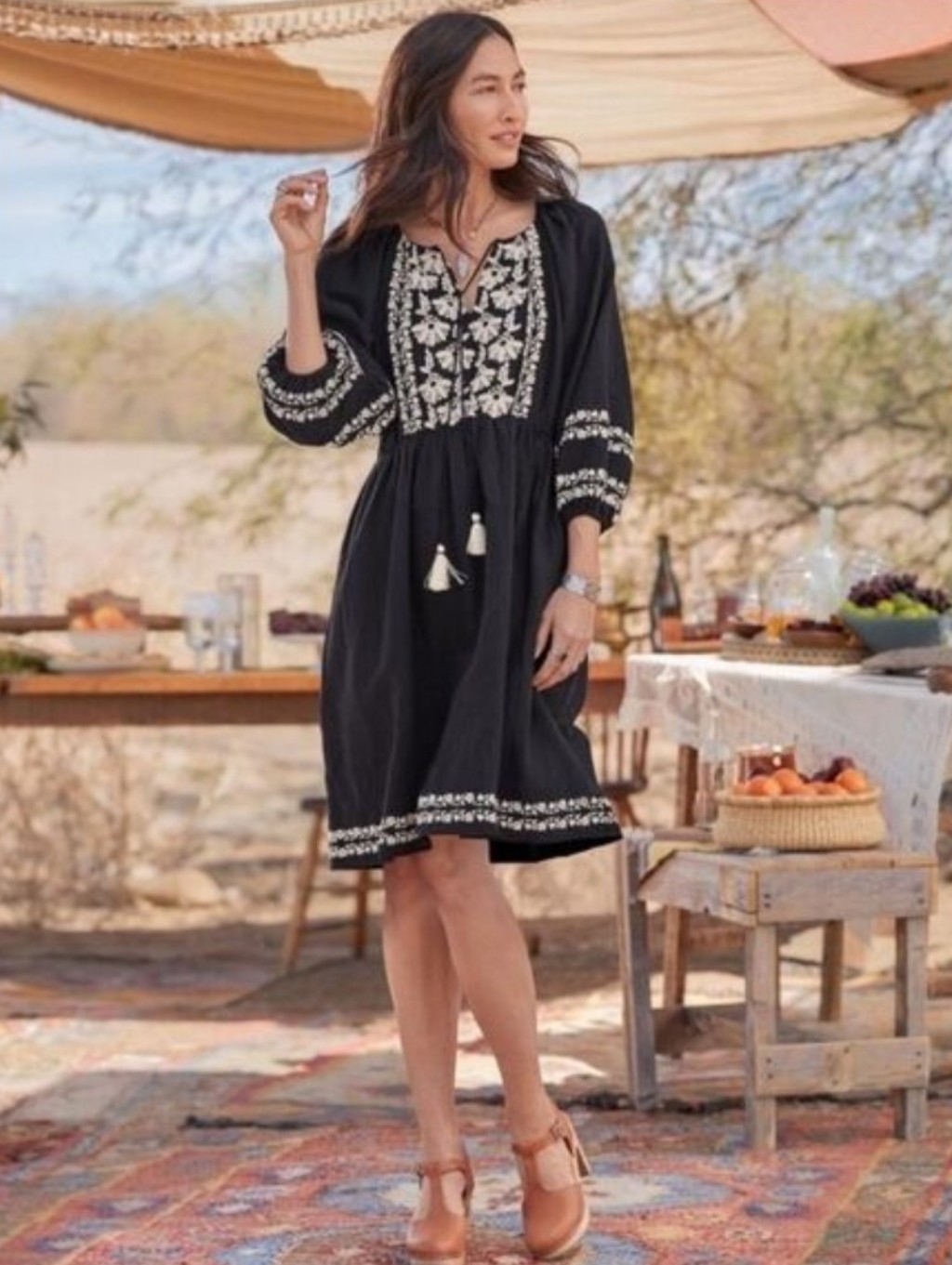 Sundance Catalog Linen Blend Embroidered Peasant Tassel Dress Black L